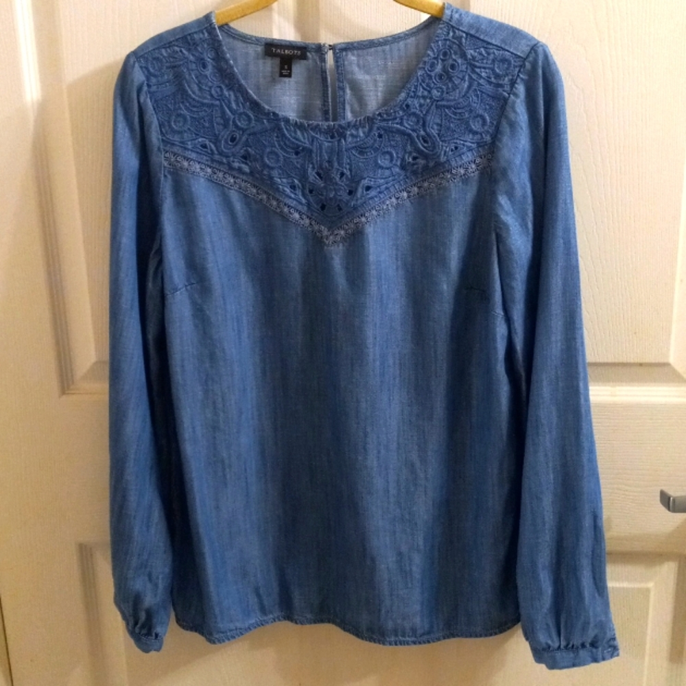 Talbots Small Chambray Embroidered Blouse Top Shirt Blue Boho EUC
